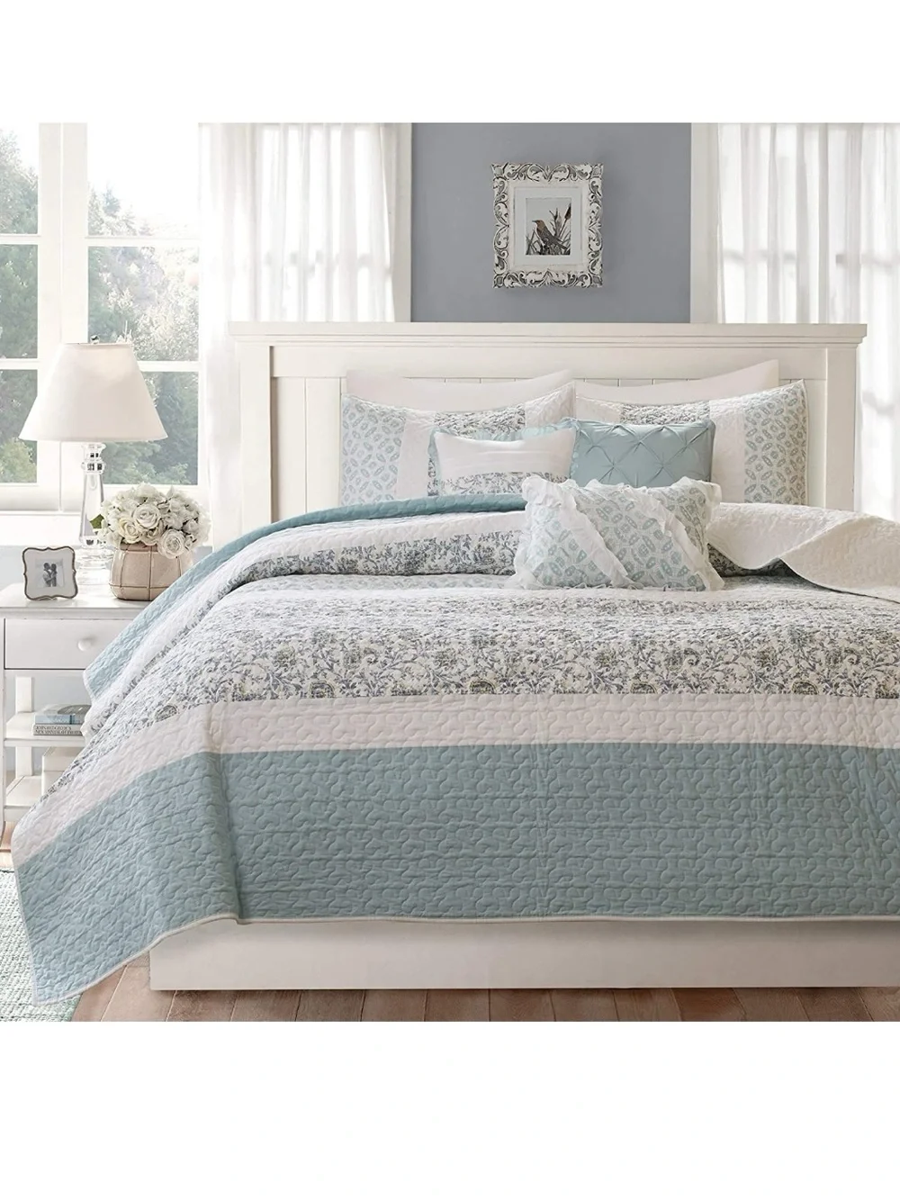 Light Blue and White Quilted Bedspread Set - Home Bedding